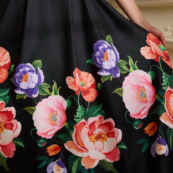 Black Elegant Women's Waist-Accented Patchwork A-Line Satin Skirt - Picture 7 of 7